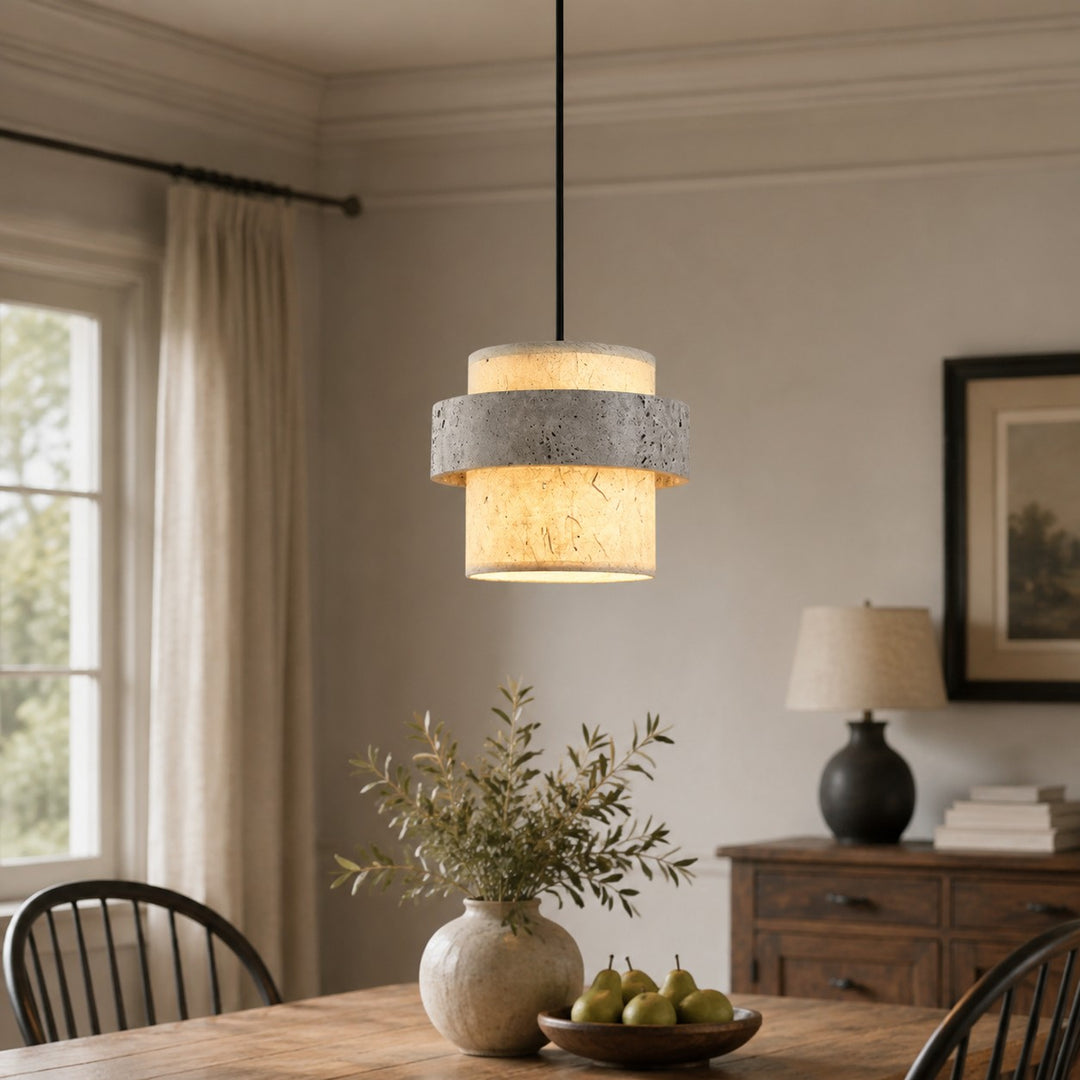 Style C gray travertine stone pendant in a dining room