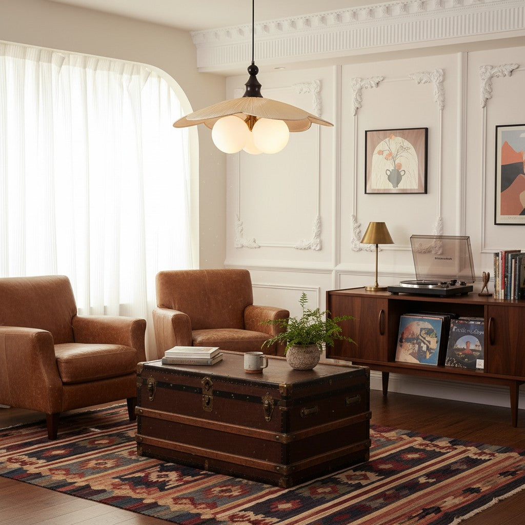 Lustre suspendu à 3 lumières d'inspiration vintage Orrise - Accents en bois, métal et tissu Éclairage intérieur