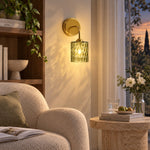 Cargar imagen en el visor de la Galería, Green hammered-glass sconce by a chair, lights on