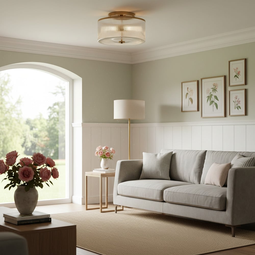 Rivora Vintage Ribbed-Glass Drum Flush Ceiling Light for Living Room