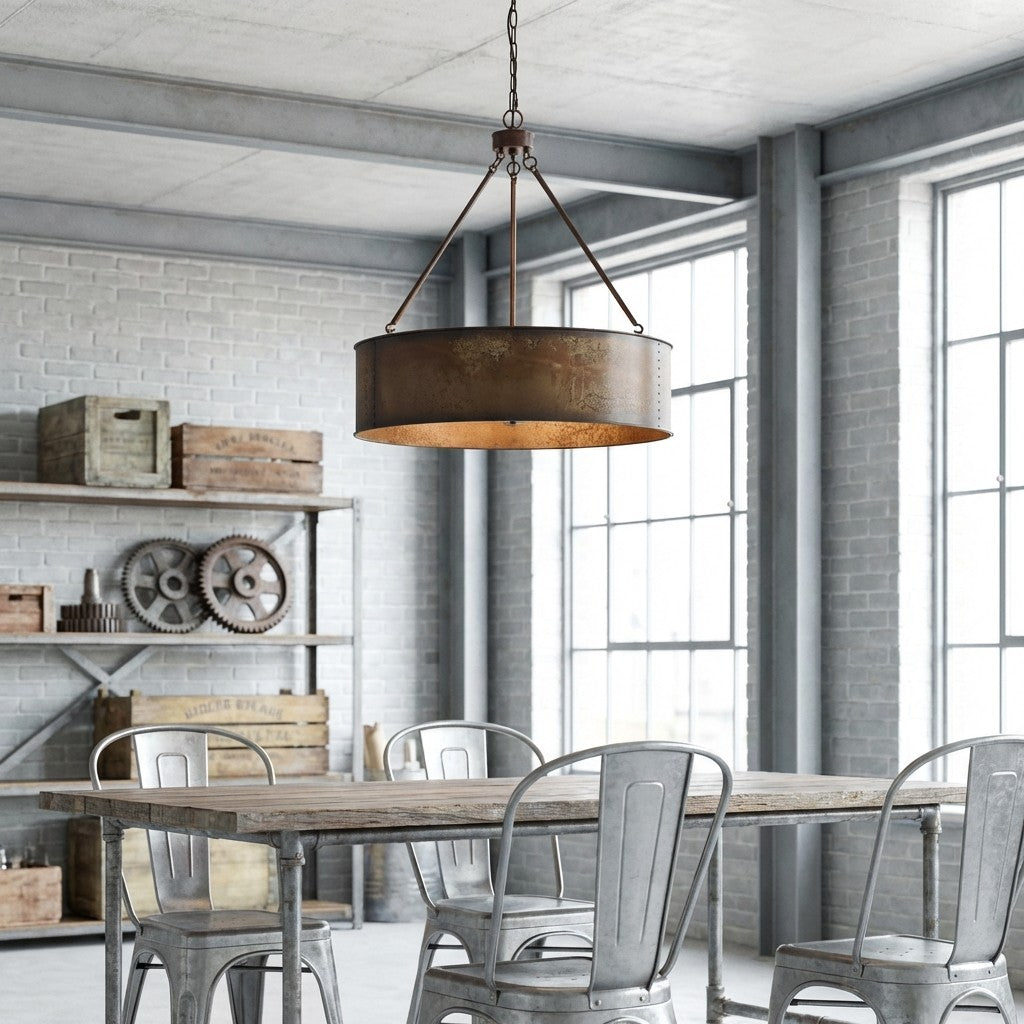 Lámpara Colgante con Pantalla de Tambor Industrial Velara – Luminaria Colgante de Estilo Industrial para Cocina y Comedor U04