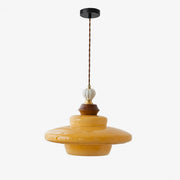 Caramel yellow Bauhaus glass pendant light with wood accent