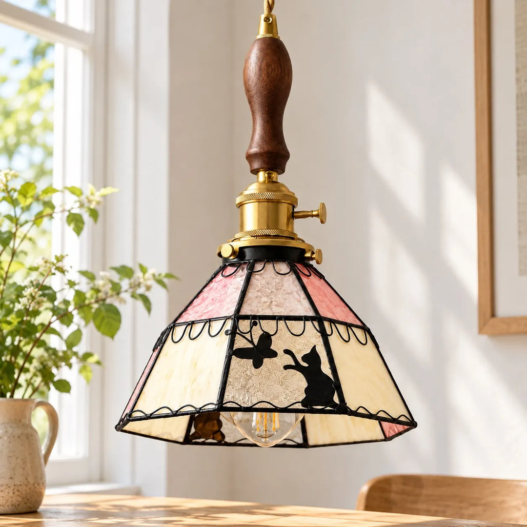 Cat and Butterfly Stained Glass Pendant Light