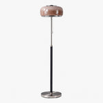 Bild in Gallery-Viewer laden, Smoky taupe Bauhaus glass floor lamp with chrome and black base shown unlit
