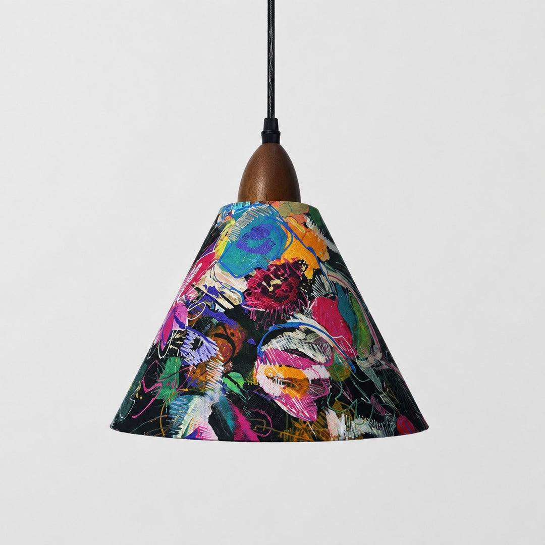 Small painted floral cone pendant light front view