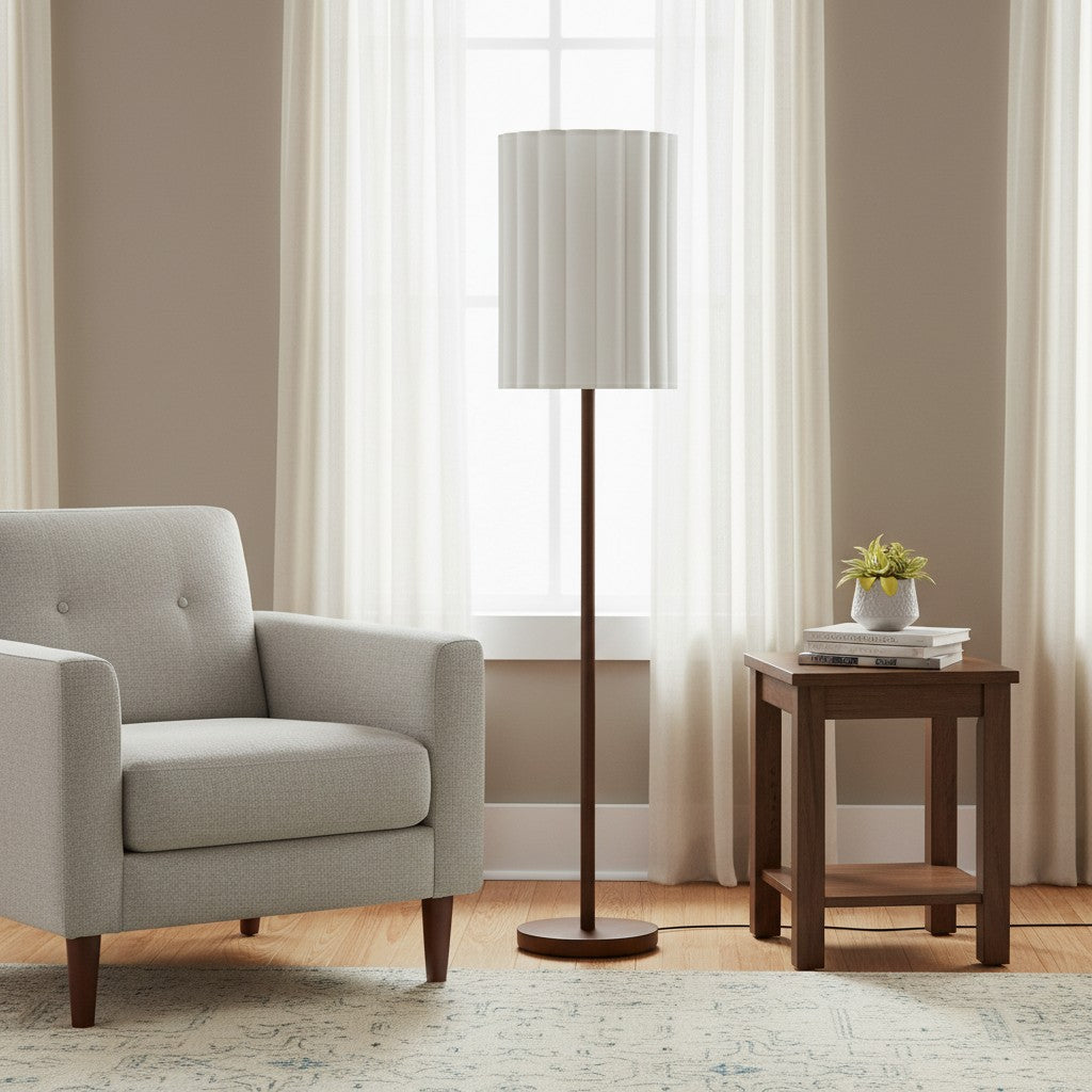 Lámpara de pie Linbron con pantalla de tela neutra y acabado en veta de madera – Lámpara de pie moderna minimalista para sala de estar y estudio