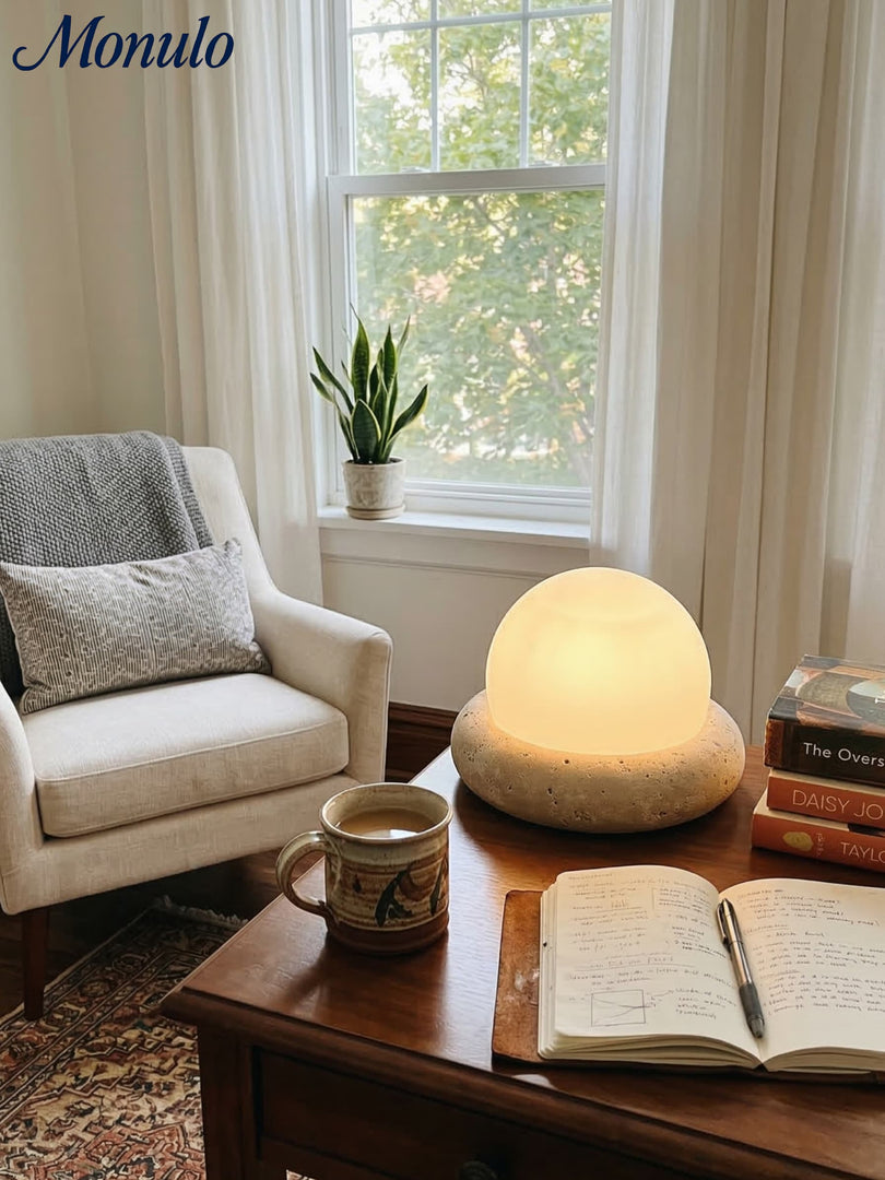Cream Style Semi-Round Travertine Table Lamp