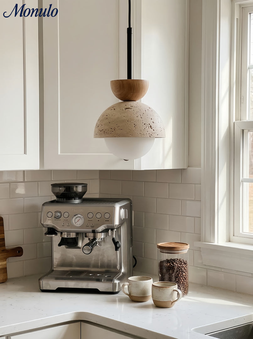 Modern Minimalist Hemisphere Travertine Wood Pendant Lamp