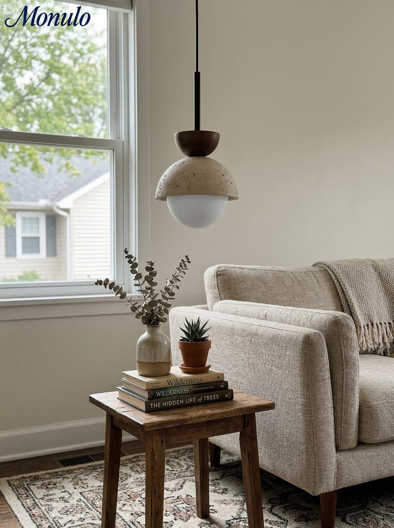 Modern Minimalist Hemisphere Travertine Wood Pendant Lamp