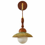 Charger l'image dans la visionneuse de galerie, Unlit Japanese retro wall sconce showing the round backplate, wood stem, brass connector and shallow shade