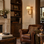 Bild in Gallery-Viewer laden, One-head brass wall sconce with white fabric shade in a vintage living room