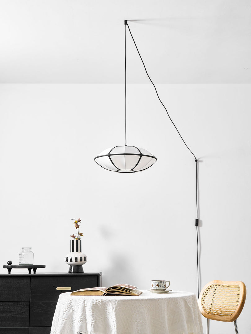 Black Metal White Fabric Plug-In Swag Pendant