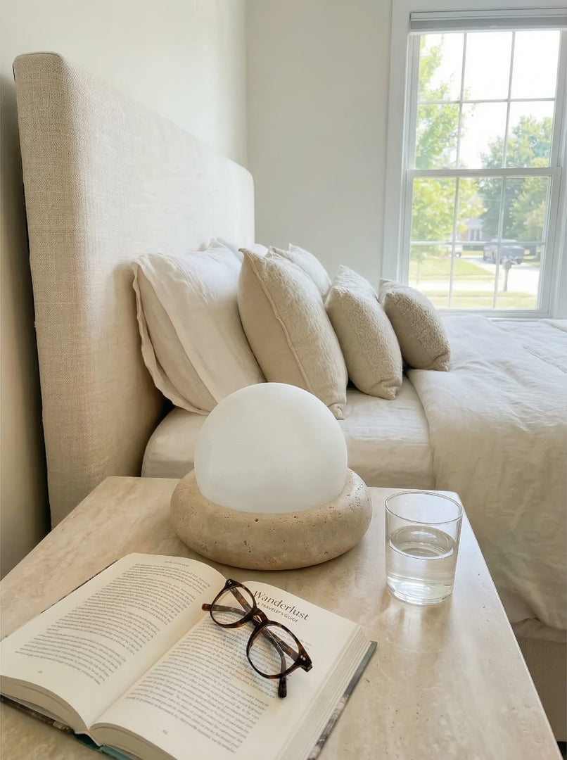 Cream Style Semi-Round Travertine Table Lamp