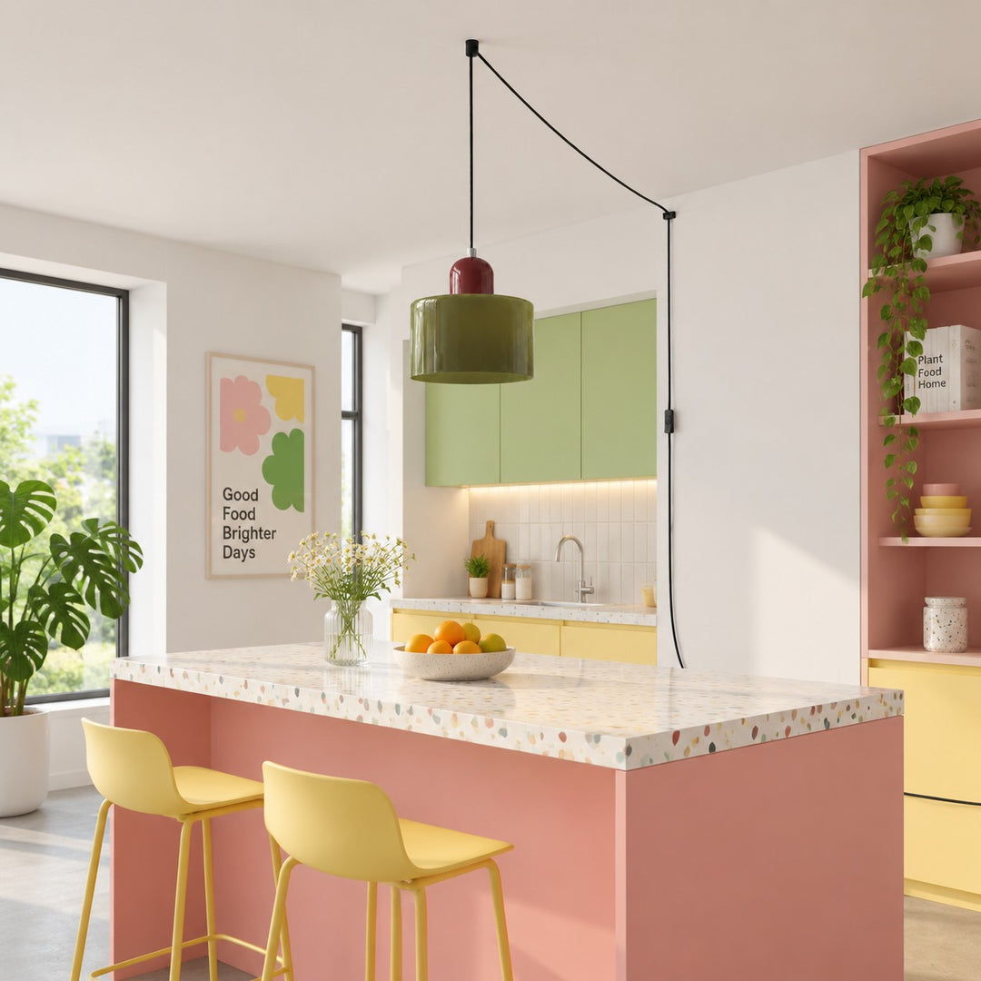 Mid‑Century Macaron Plug‑in Swag Pendant Light - Colorful Shade Hanging Lamp for Home Decor