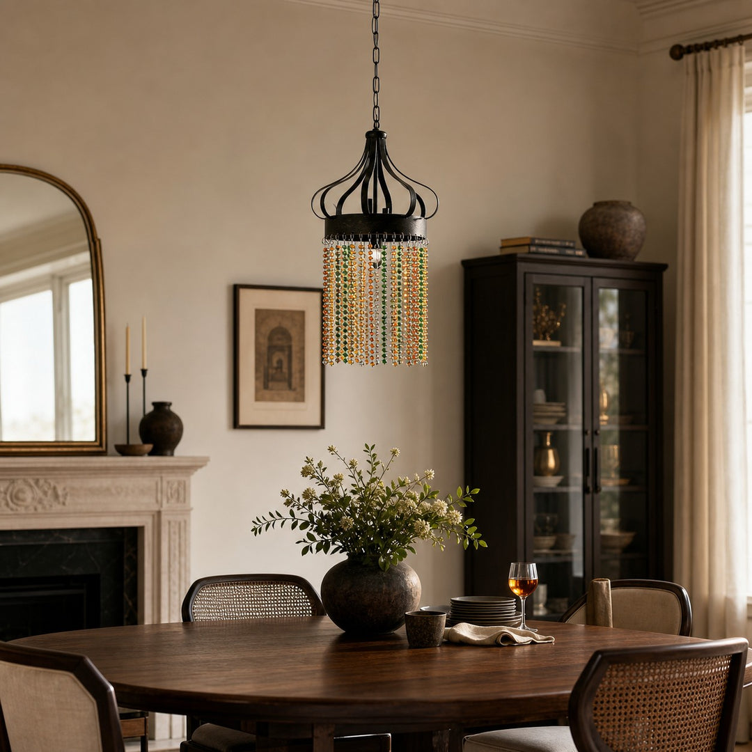 Black multicolor crystal pendant light in a vintage dining room