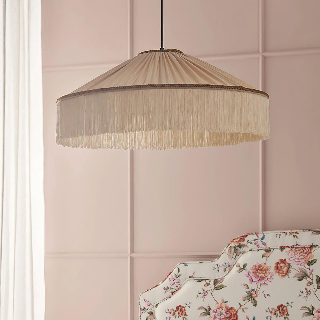 Beige Pleated Fabric Fringe Plug-In Pendant