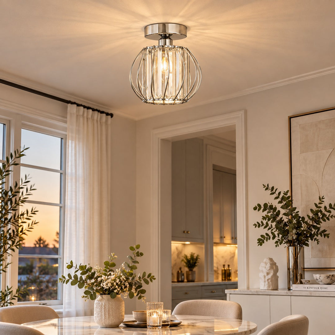 Geometric Cage Semi-Flush Mount Crystal Ceiling Light for Hallway and Entryway