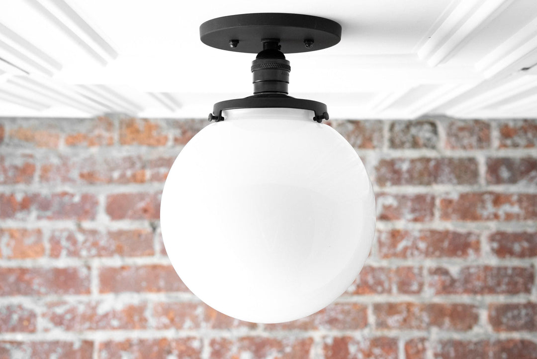 Glorica Glass Mid Century Semi Flush Ceiling Light - White Opal Glass Globe Fixture