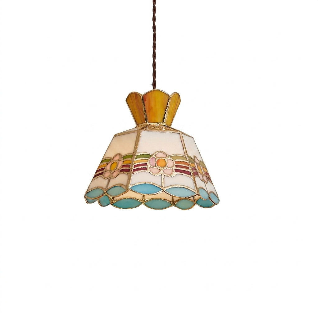 Floral Stained Glass Brass Plug-In Swag Pendant