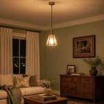 Load image into Gallery viewer, Clear glass pendant light glowing in a warm evening room