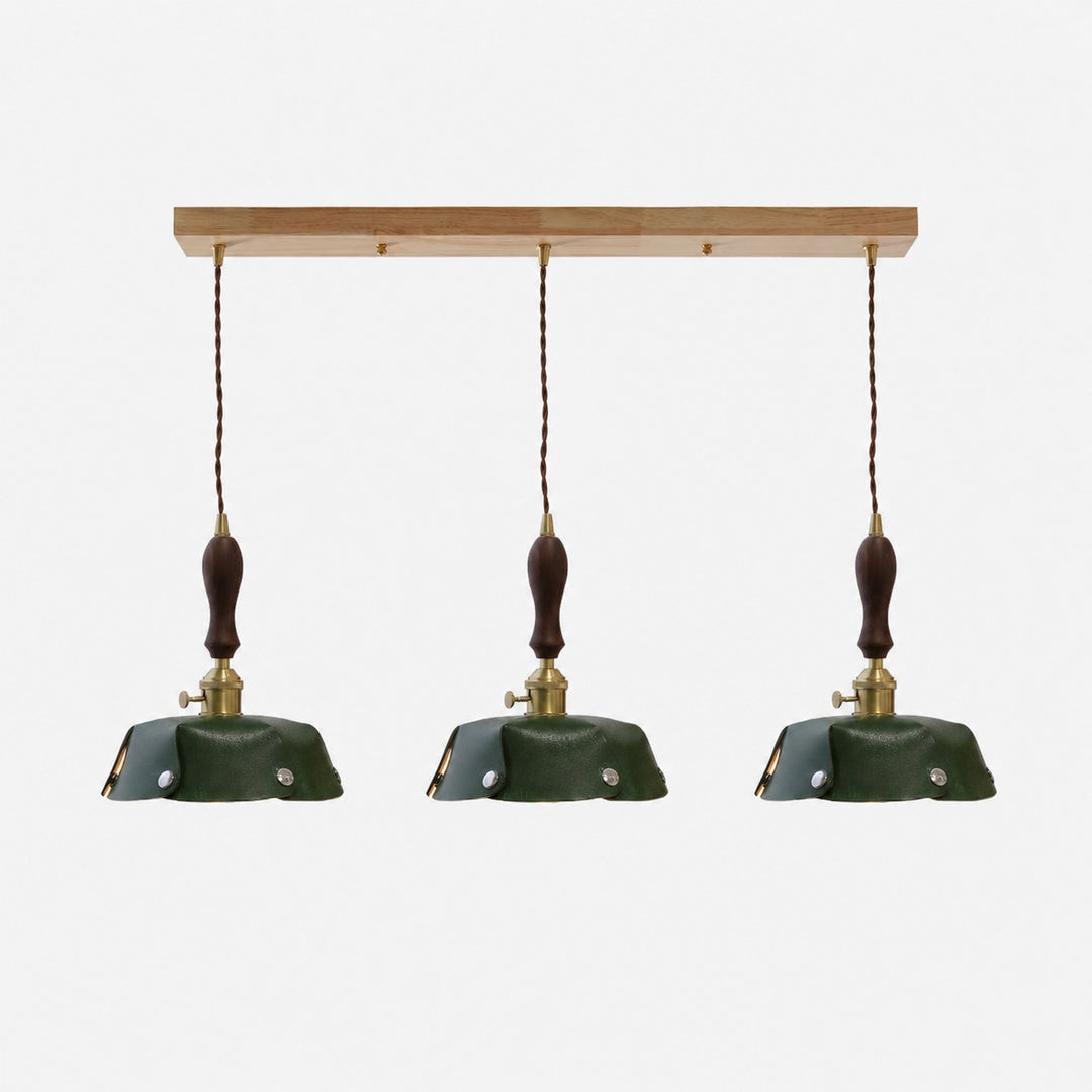 3-Light Linear Pendant Deep Green Leather Bar 60 cm / 23.6 in; Shade Dia. 20 cm / 7.9 in
