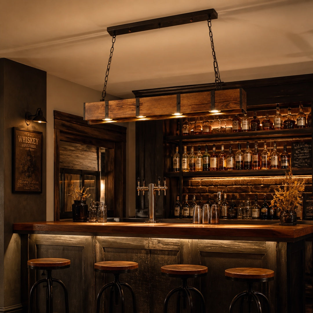 Rustic Wood Bar Pendant Light with Spotlights
