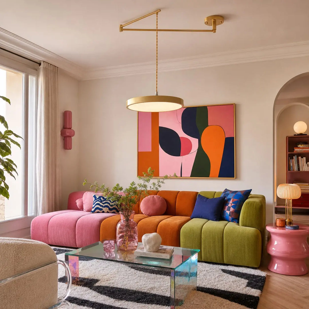 Gold movable pendant light in a colorful Bauhaus living room