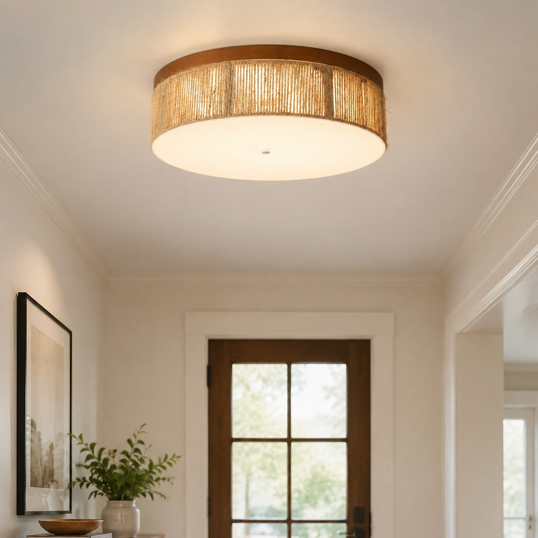 Wabi-Sabi Solid Wood and Woven Rope LED Flush Mount Ceiling Light