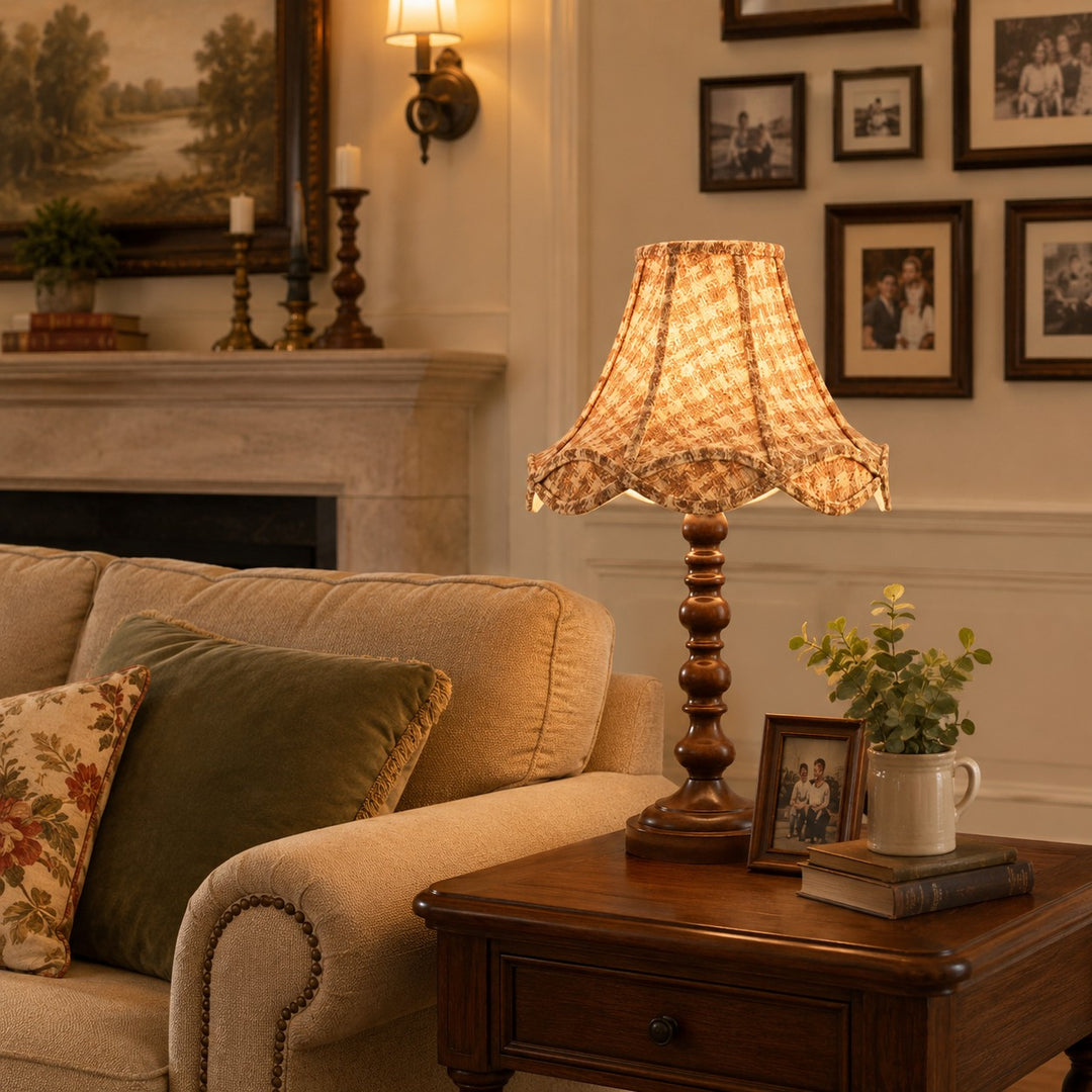 Vintage wood table lamp styled on a living room side table