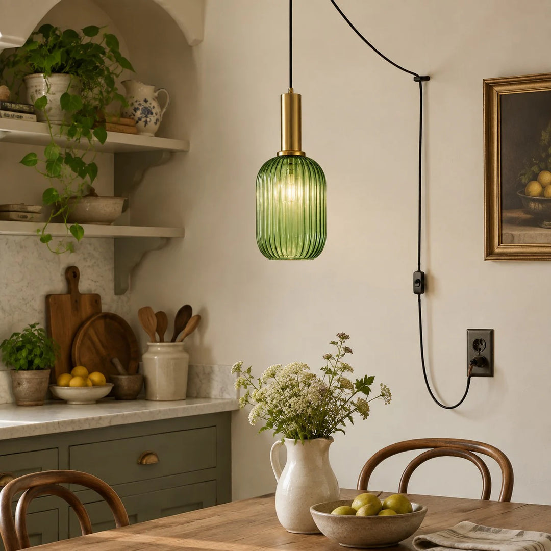 Retro ribbed glass plug-in pendant light in a home interior