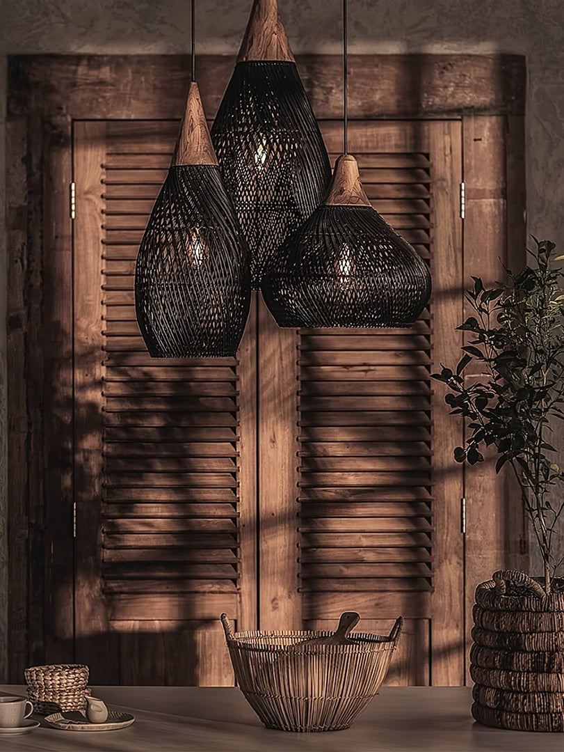 Woven Rattan Wood Plug-In Pendant Light
