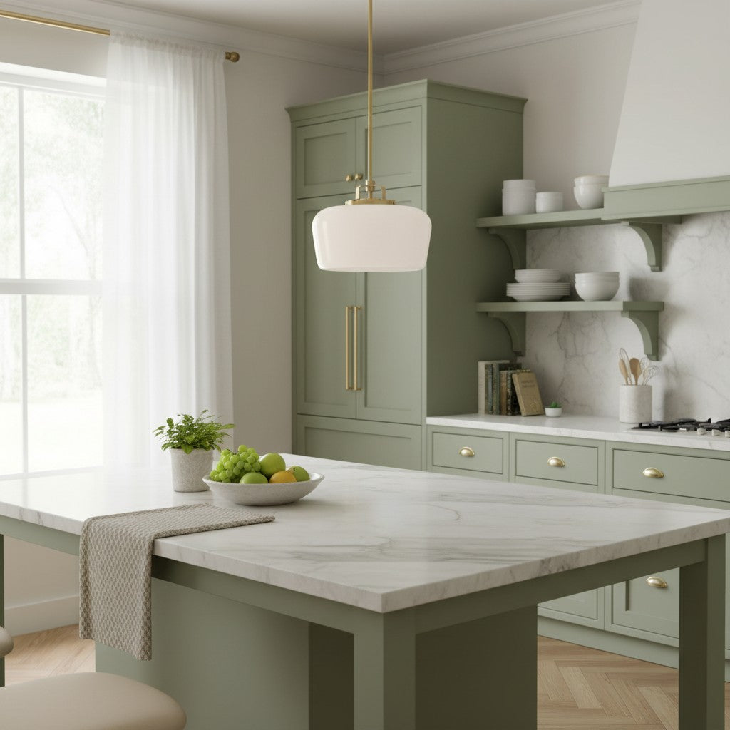 Lámpara colgante de cristal opalino Lirra: moderna lámpara minimalista de metal para cocina y comedor.