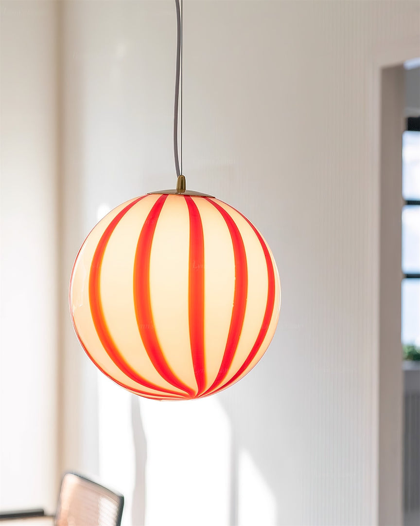 Red Striped Glass Globe Hardwired Pendant