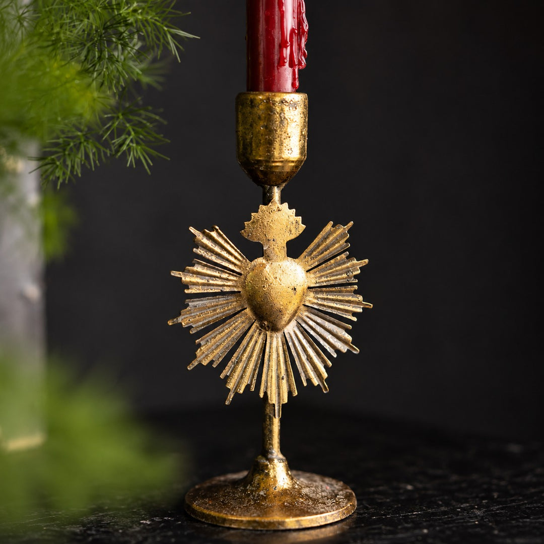 Gold Metal Bow and Milagro Heart Candle Holders
