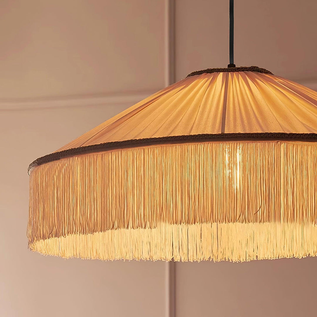 Beige Pleated Fabric Fringe Plug-In Pendant