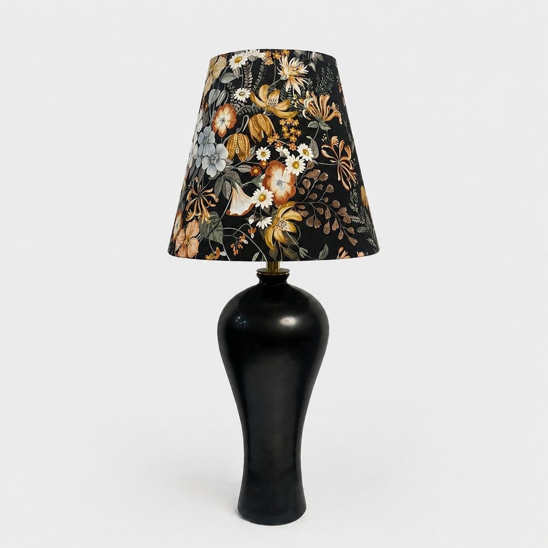 Black floral fabric shade table lamp