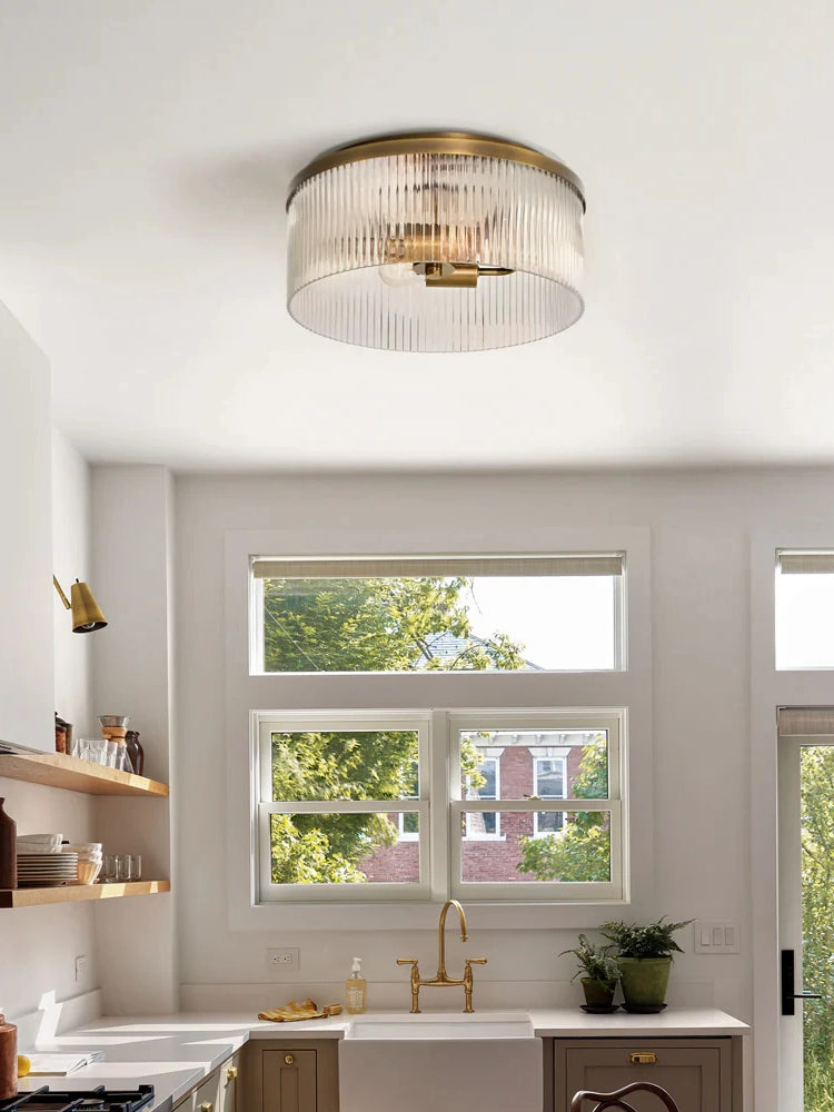 Plafonnier semi-encastré à nervures - Design encastré en verre avec finition dorée