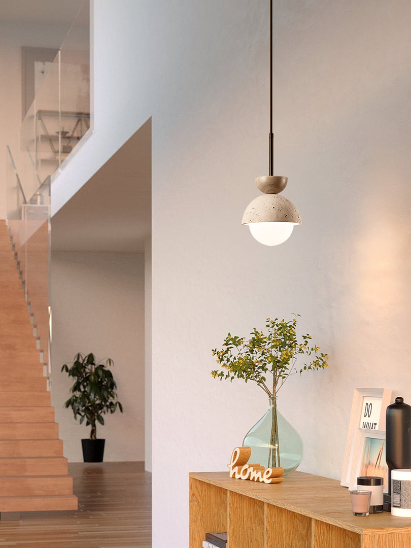 Modern Minimalist Hemisphere Travertine Wood Pendant Lamp