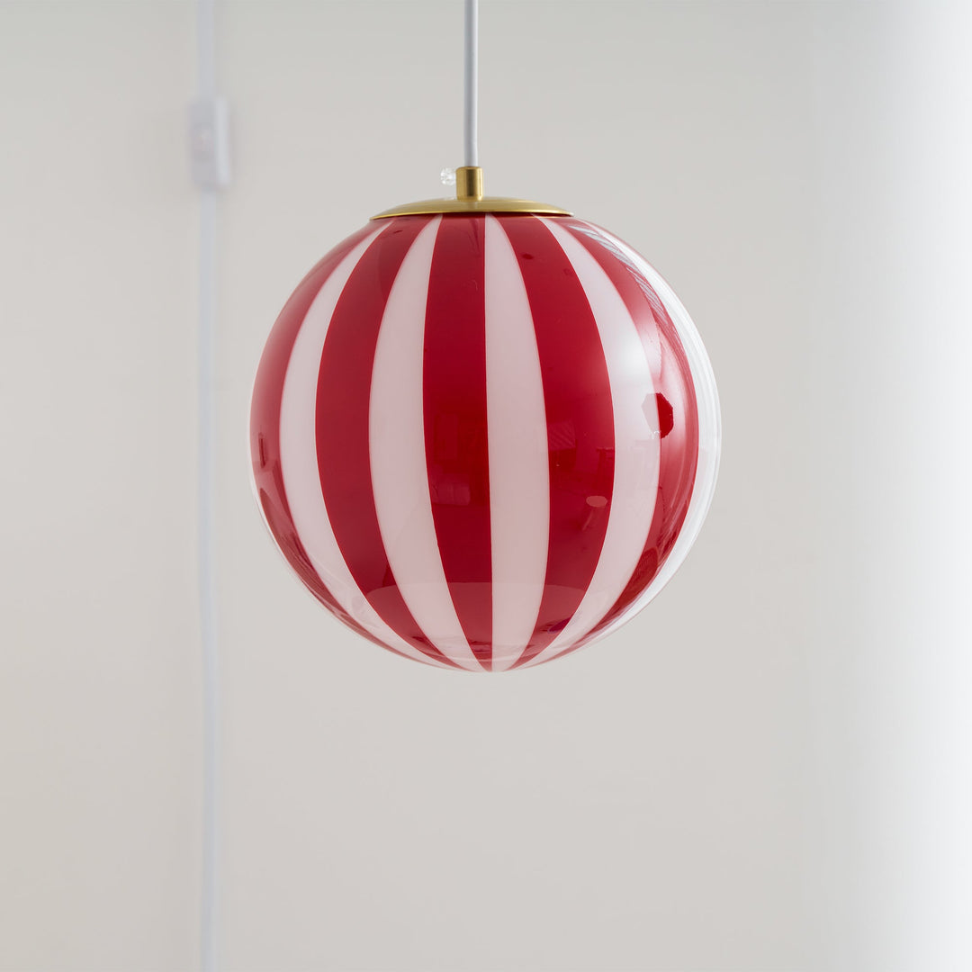 Red Striped Glass Globe Hardwired Pendant