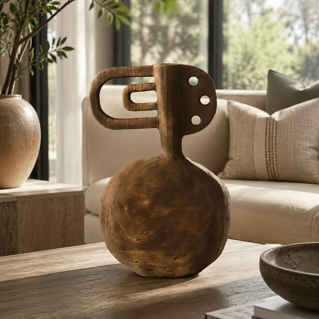 Hand-Carved Solid Wood Sculptural Vase