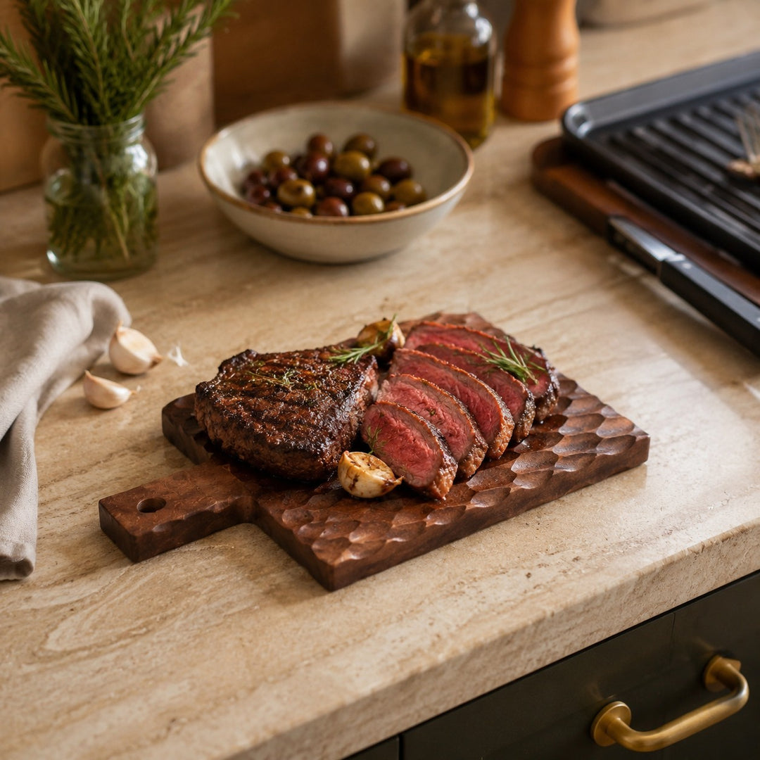 Textured wood board used for a prepared food presentation