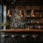 Charger l'image dans la visionneuse de galerie, Three rust bell pendant lights in an industrial bar setting