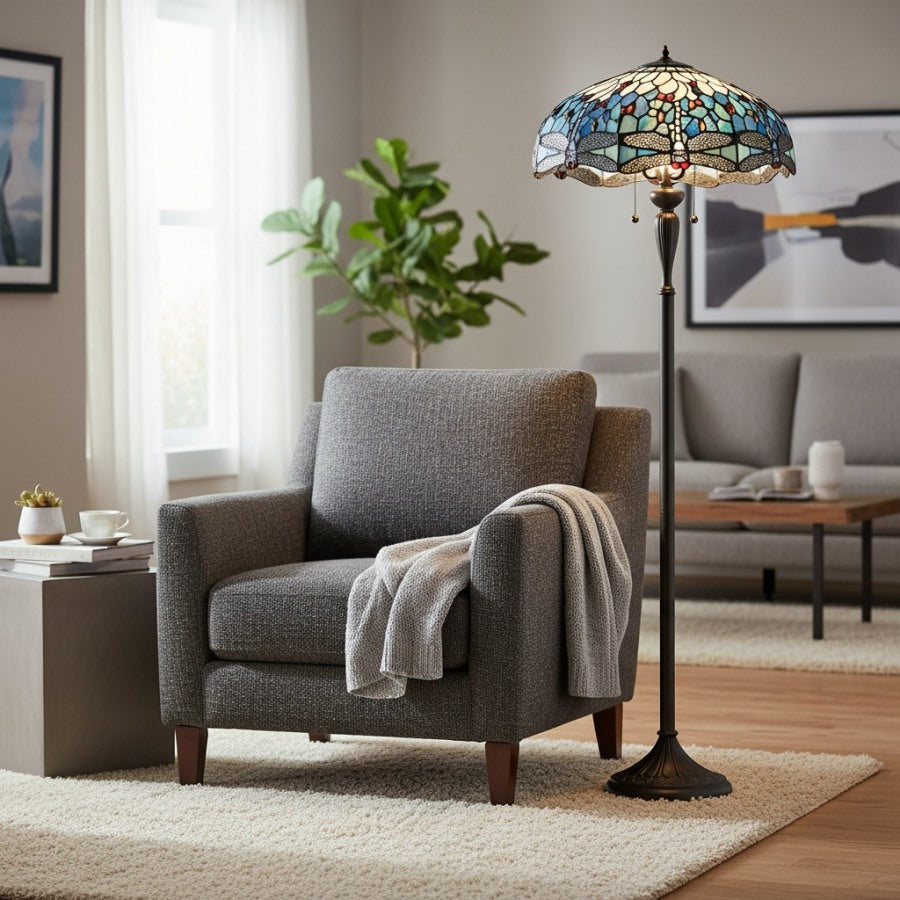 Lámpara de pie de cristal artístico TiffStar con pantalla con diseño ornamental: lámpara de pie para salas de estar