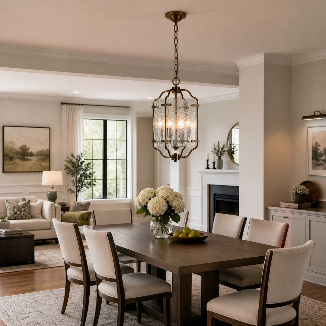 Brass and Pressed Glass Lantern Pendant Light