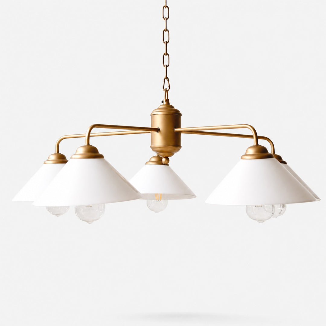 Vintage five-light chandelier with milk-white glass shades