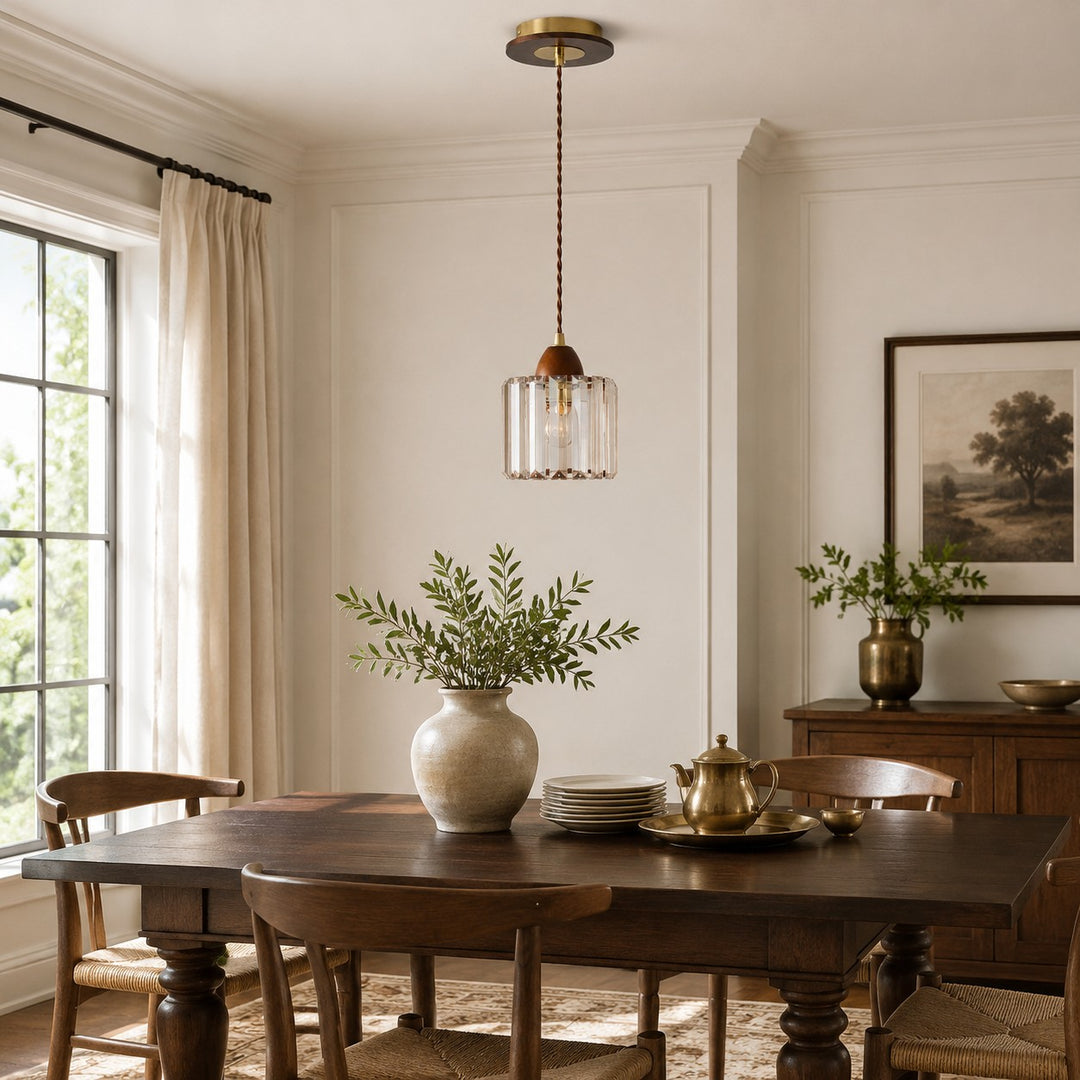 Crystal pendant light in a dining and entryway setting