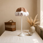 Load image into Gallery viewer, Brown cloth table lamp in bright vintage tabletop corner