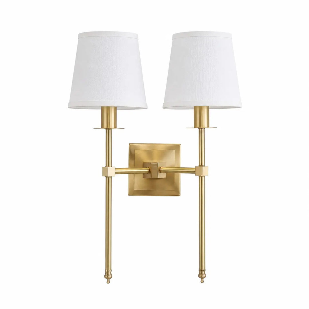 Double Head brass wall sconce with white fabric shades