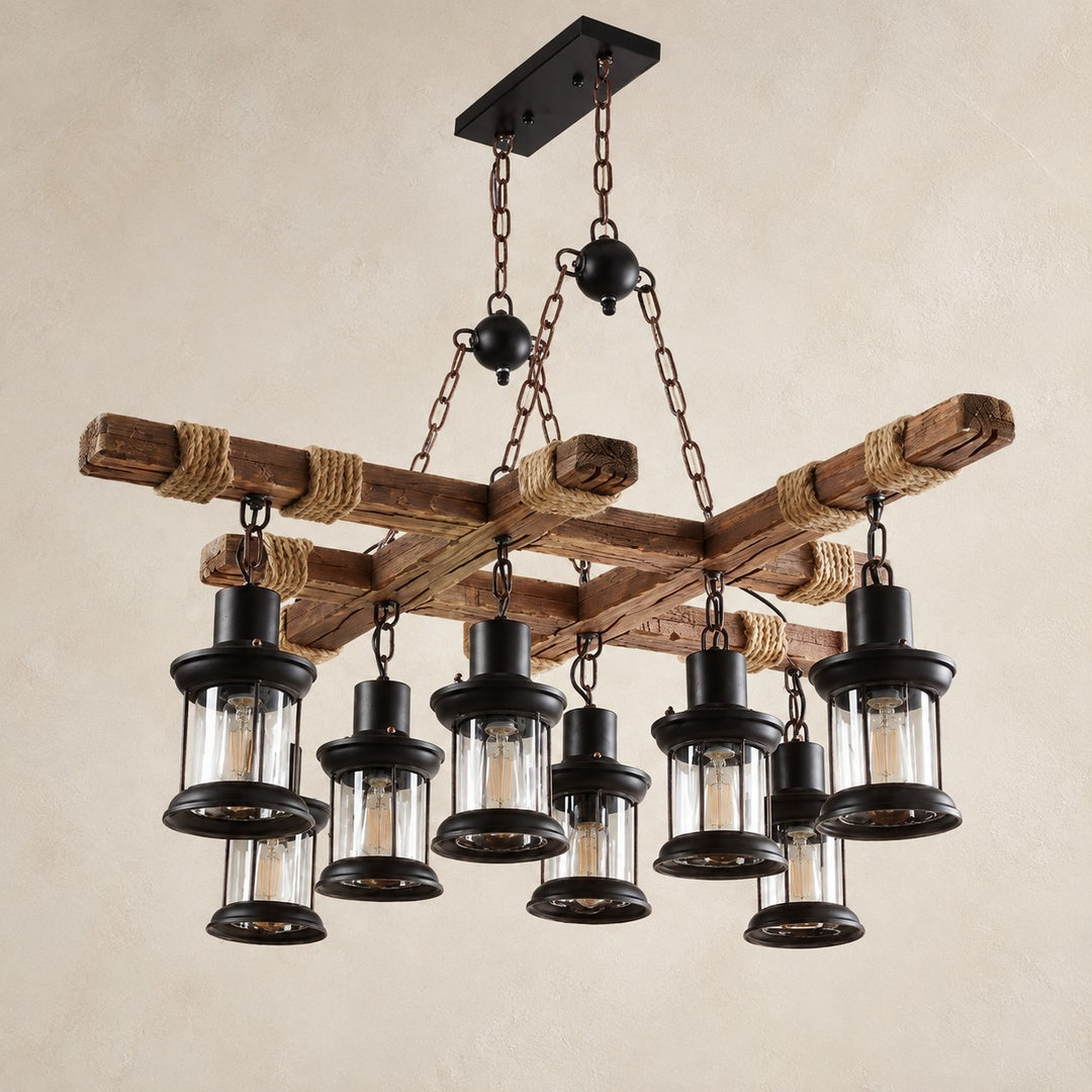Rustic Wood Beam and Rope 8-Light Chandelier