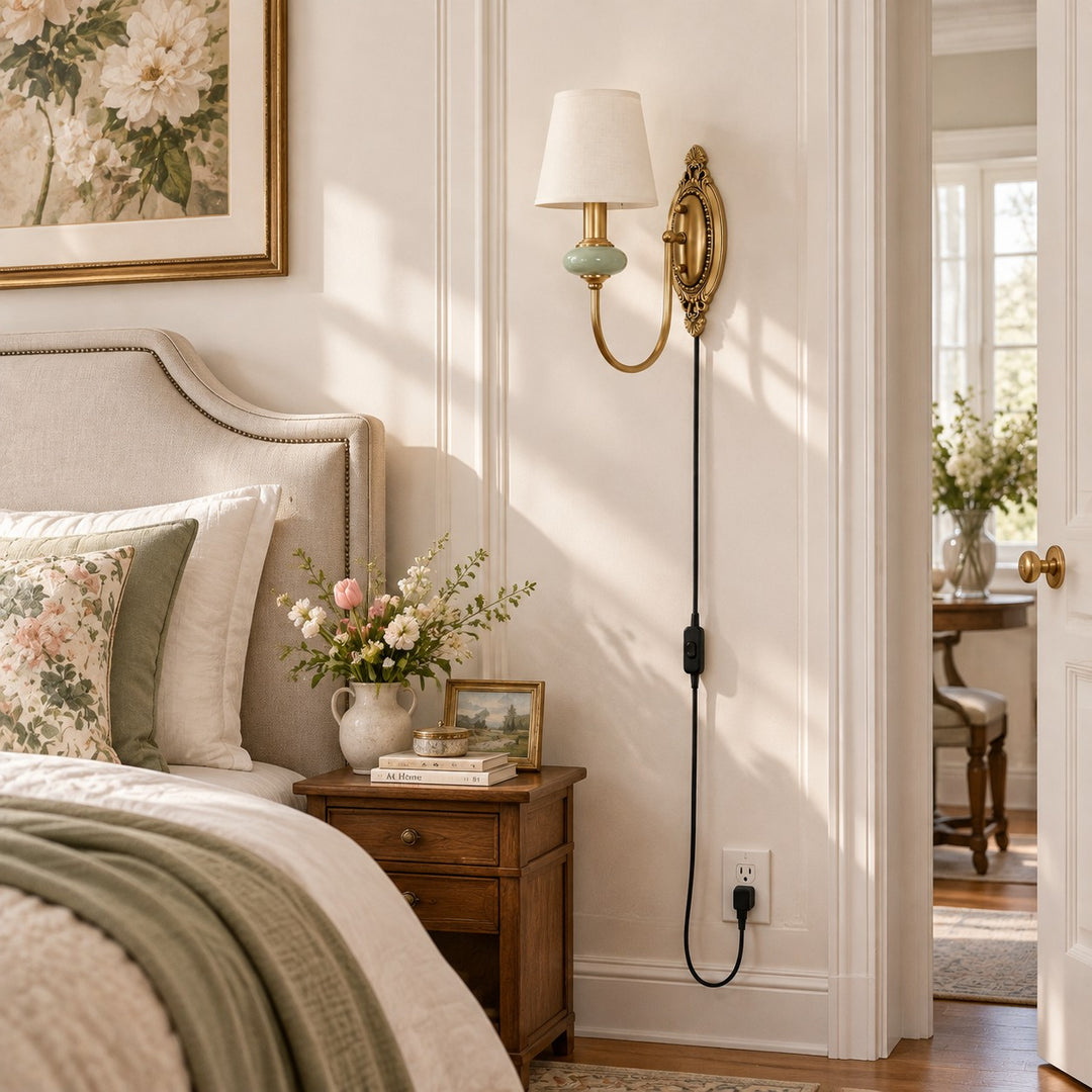 Rowanea Fabric Shade Ceramic Plug-In Wall Sconce